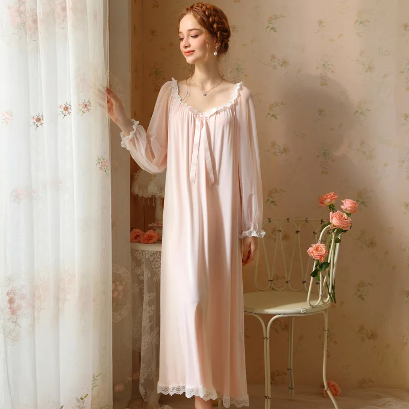 

Women Retro Nightgown V-neck Long Sleeve Palace Lace Princess Pajamas 2025 Autumn Sweet Sleepwear Bow Loose Long Loungewear