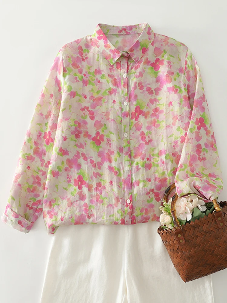 

Spring Autumn Printed Cotton Hemp Long Sleeve Shirt Women New Thin Breathable Artistic Blouse Large Loose Casual Shirt Top S106