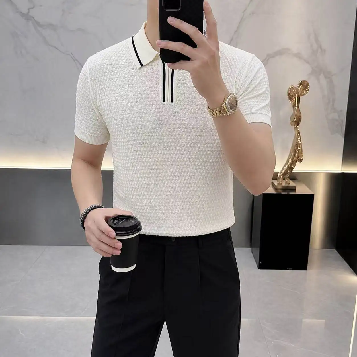 Summer Business Short Sleeved Knitted Polo Shirt Men Color Blocking Casual T-shirt Ice Silk Breathable Social Office Top M-4XL