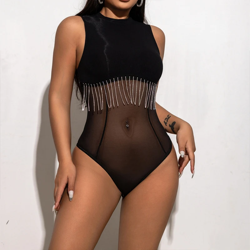 

OMSJ Women 2026 New Style Fashion Diamond Chain Tassels Rompers Mesh Patchwork See-through Sleeveless O Neck Bodysuit Party Wear