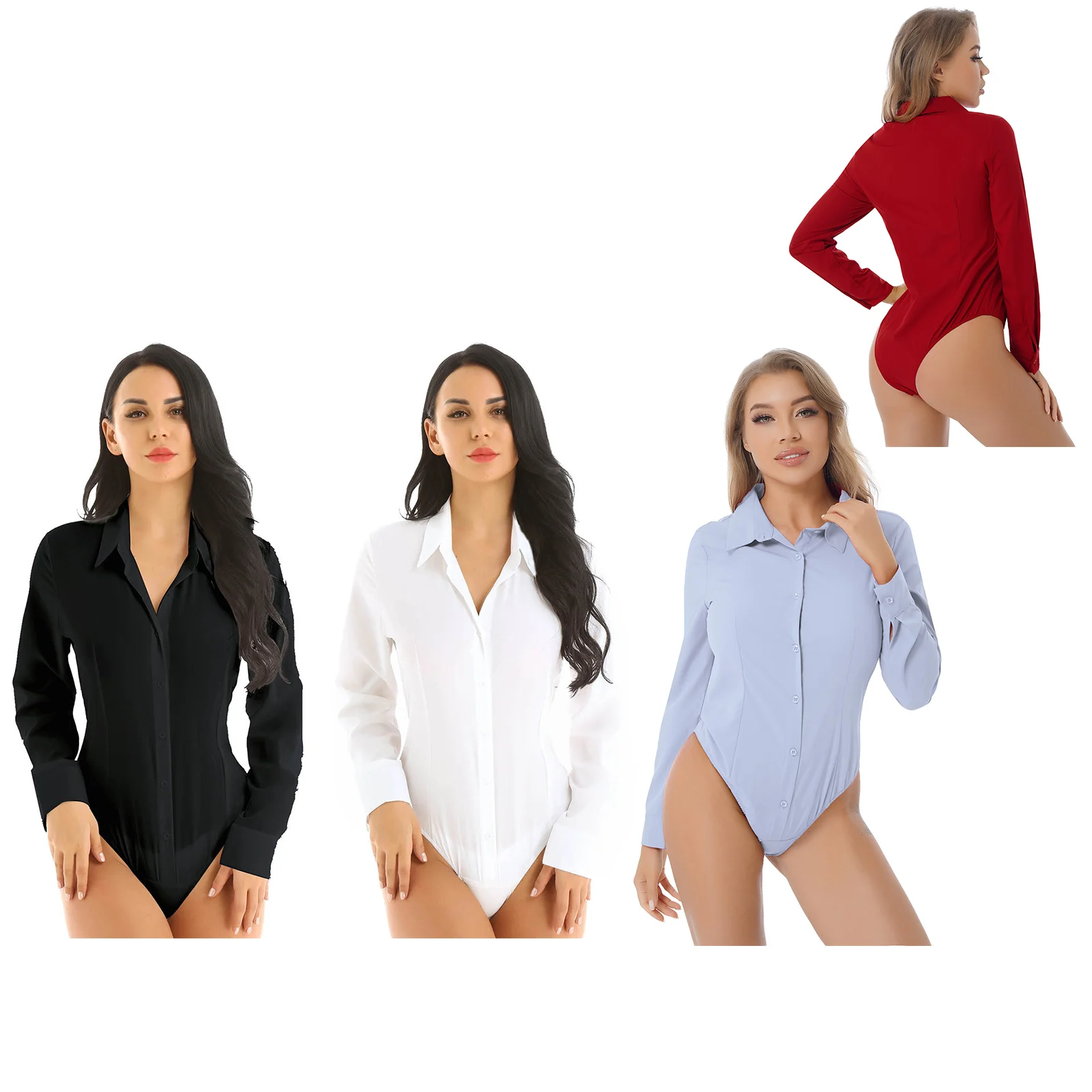 Women's Body Shirt Office Lady Work Uniforms White Blouses Slim Clothes Long Sleeve OL Shirt Leotard Easy Care Work Tights Shirt