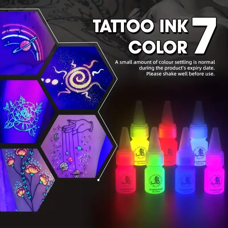 7pcs Set of Luminous Fluorescent Tattoo Ink, Each Bottle Contains 0.34 Oz. Suitable for Halloween Lighting Effects.