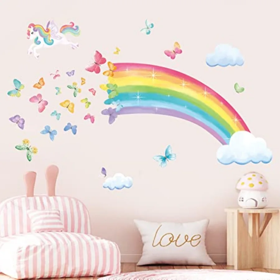 

Rainbow Wall Decals Unicorn Rainbow Butterflies Clouds Wall Stickers Baby Nursery Girls Bedroom Daycare Wall Decor Gifts for Gi