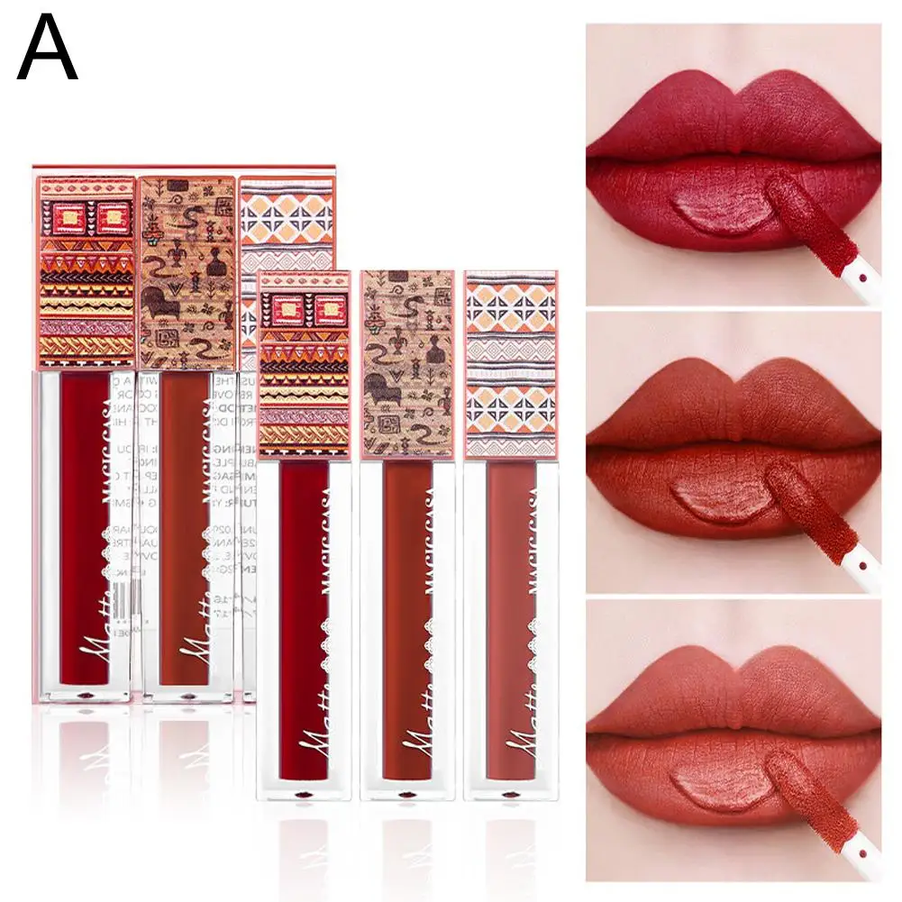 3pcs 3D Waterproof Matte Nude Lip Gloss Brown Nude Pigment Dark Red Long Lasting Velvet Liquid Lipstick Women Makeup Lip Glaze