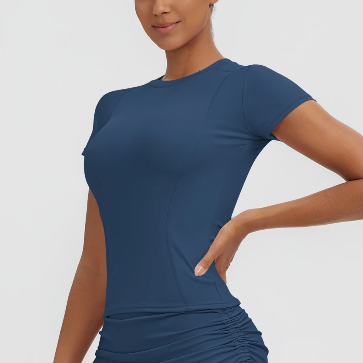 Neues Damen Sommer Yoga Kurzarm T-Shirt Lauf- und Radsport Einfarbiges Schnelltrocknendes Workout-Oberteil Enganliegend Atmungsaktive Yoga-Kleidung – Detail 21
