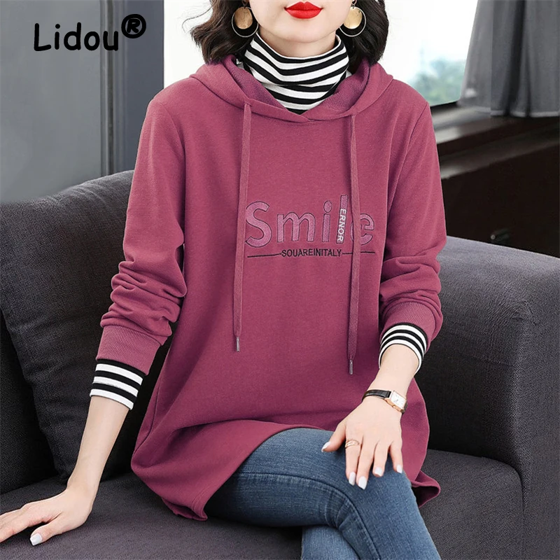 

2023 Women Korean Fashion Letter Print Striped Patchwork Streetwear Hooded Sweatshirts Casual Loose Long Sleeve Pullover Hoodies