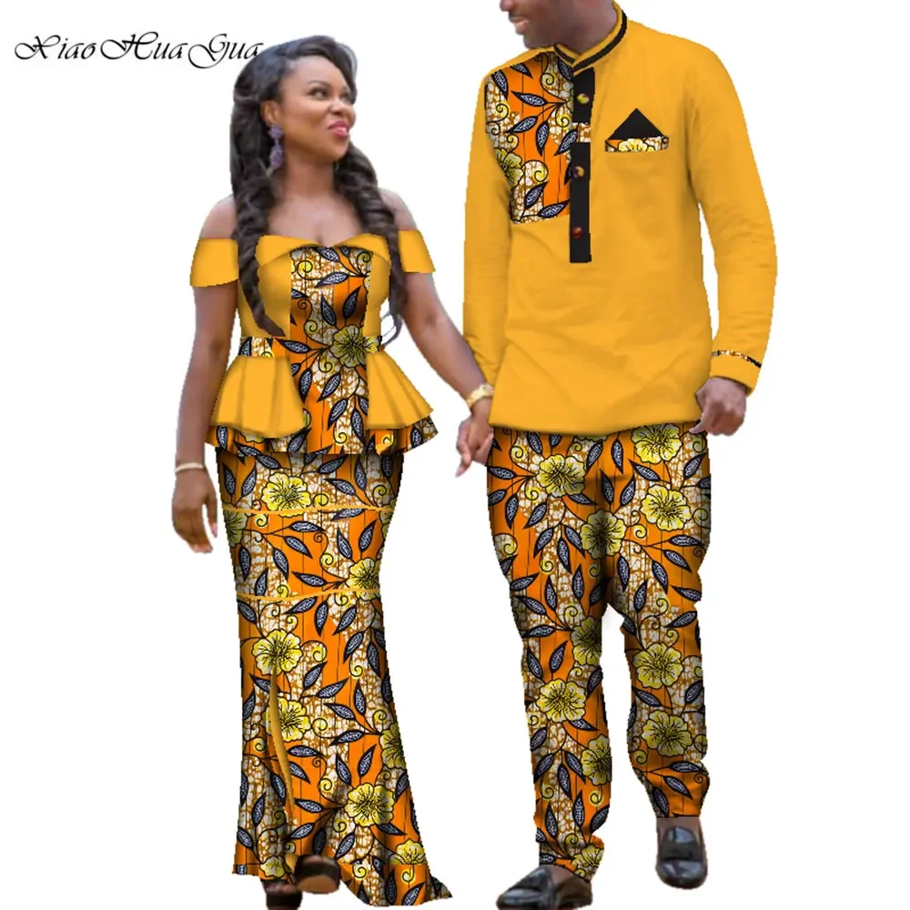 Ankara Wedding 2 Pcs Set African Dashiki Couple Print Clothing for Lovers Men's Shirt and Pant Blazer Women's Party Dress WYQ113