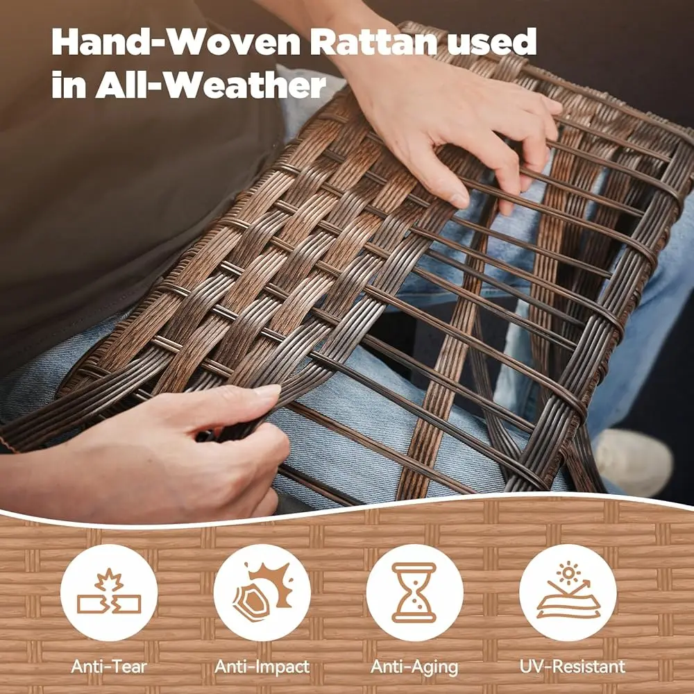 Kursi Anyaman Teras Rocker Putar-Kursi Rocker Putar Luar Ruangan Set Isi 2 dengan Semua Set Rocker Glider Anyaman Cuaca, Rotan Pe