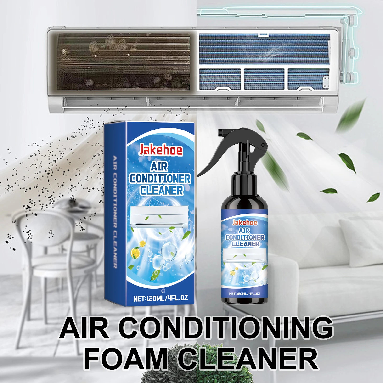 Jakehoe-Spray limpiador de aire acondicionado, espuma de 120ml, limpieza profunda para el hogar, coche, oficina, elimina el olor del molde, aroma de citru Natural sin residuos