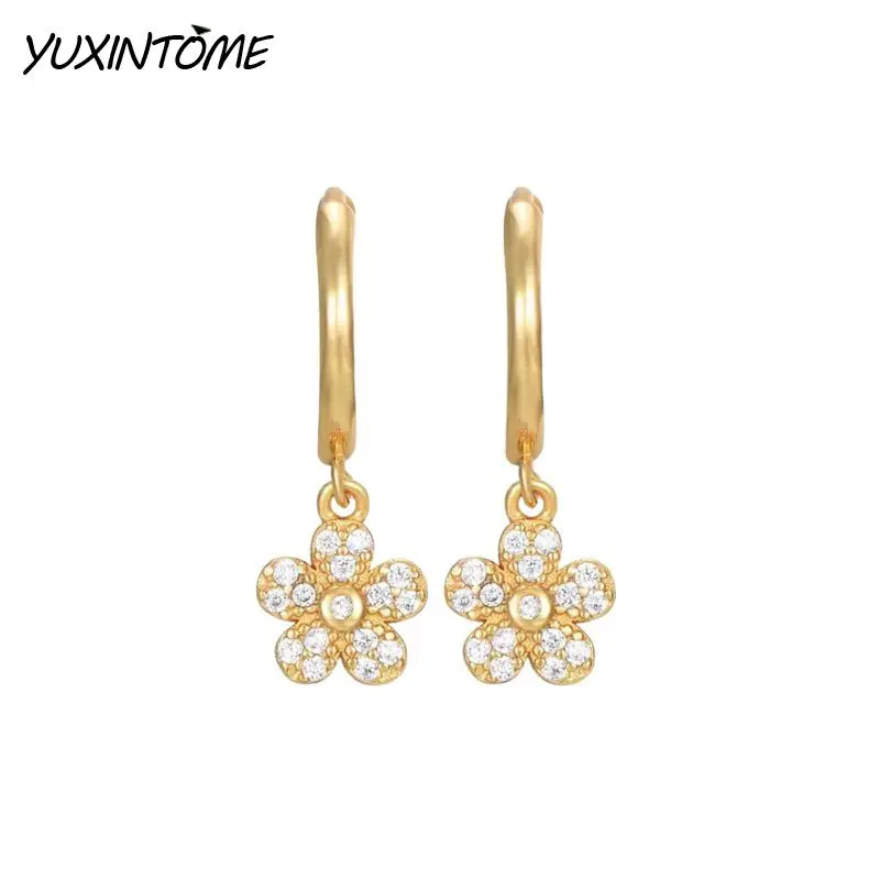 

925 Sterling Silver Needle Exquisite Five-petal Flower-encrusted Zircon Pendant Earrings Women's Fashion Wedding Party Jewelry
