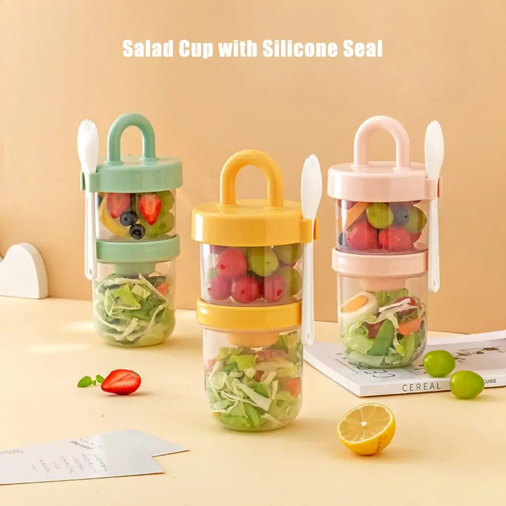 Salad Cup with Silicone Seal Portable Double-layer Salad Cup with Fork Sauce Holder for On-the-go Breakfast for Travelers