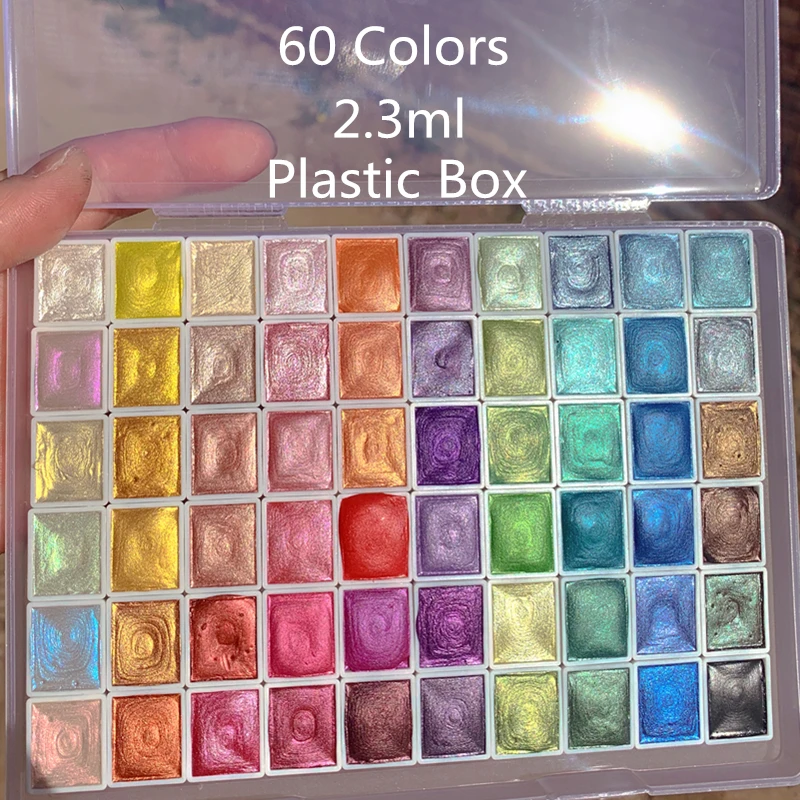 Panchromatic 2.3ml 60 Colors Watercolor Preadolescent Glitter Paints Set Tin Box Pigment Solid Paint Set Palette for Students