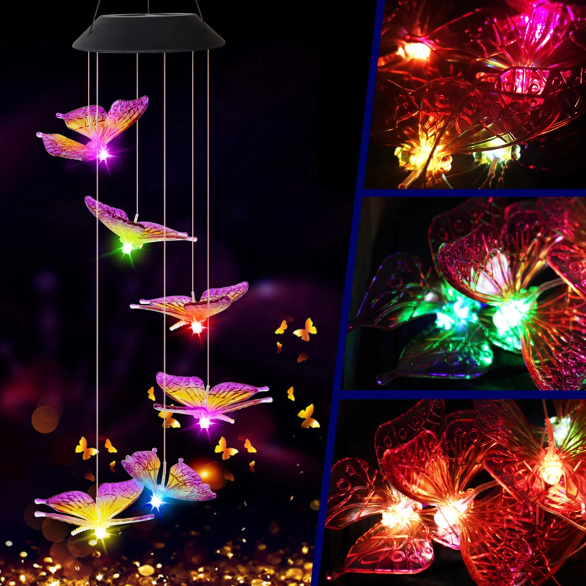 Solar Wind Chimes Light, Butterfly Garden Lamp, Luzes solares, Wind Chime, Luz colorida, Lâmpada de suspensão impermeável, Decoração do jardim