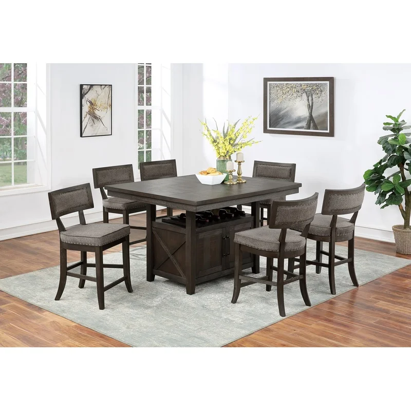 

Rustic Espresso Counter Height Dining Table with Butterfly Leaf and Storage Base, 7-Piece Set with 6 High Chairs