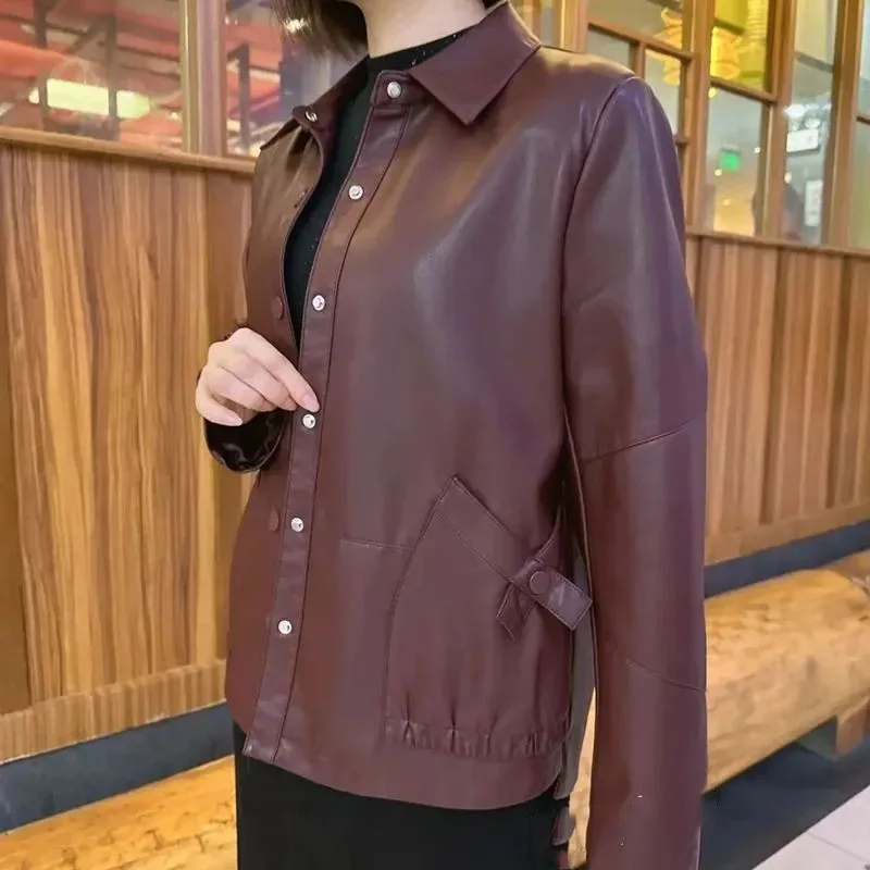 

2025 Women Large Size 5XL Leather Coat Autumn Female Lapel Loose Faux Leather Jacket Korean Ladies Long Sleeves PU Leather Tops