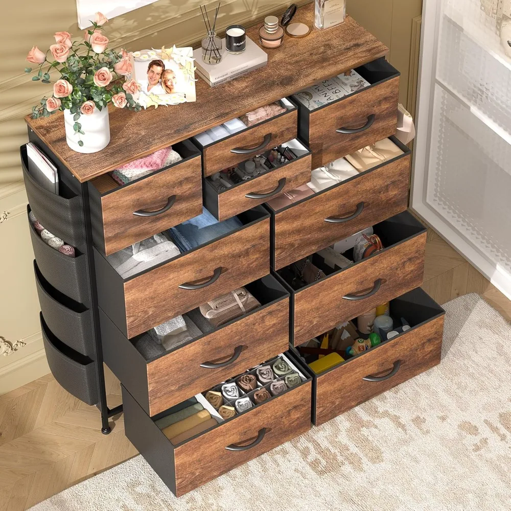 Dresser for Bedroom with 10 Drawers, Chest of Drawers with Side Pockets and Hooks, Fabric Storage Organizer Unit for Living Room