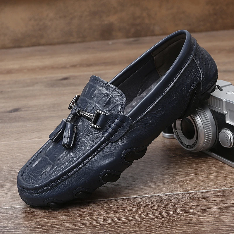 Mocassins de couro genuíno com borlas, mocassins masculinos para dirigir, sapatos casuais de marca de luxo, quatro estações