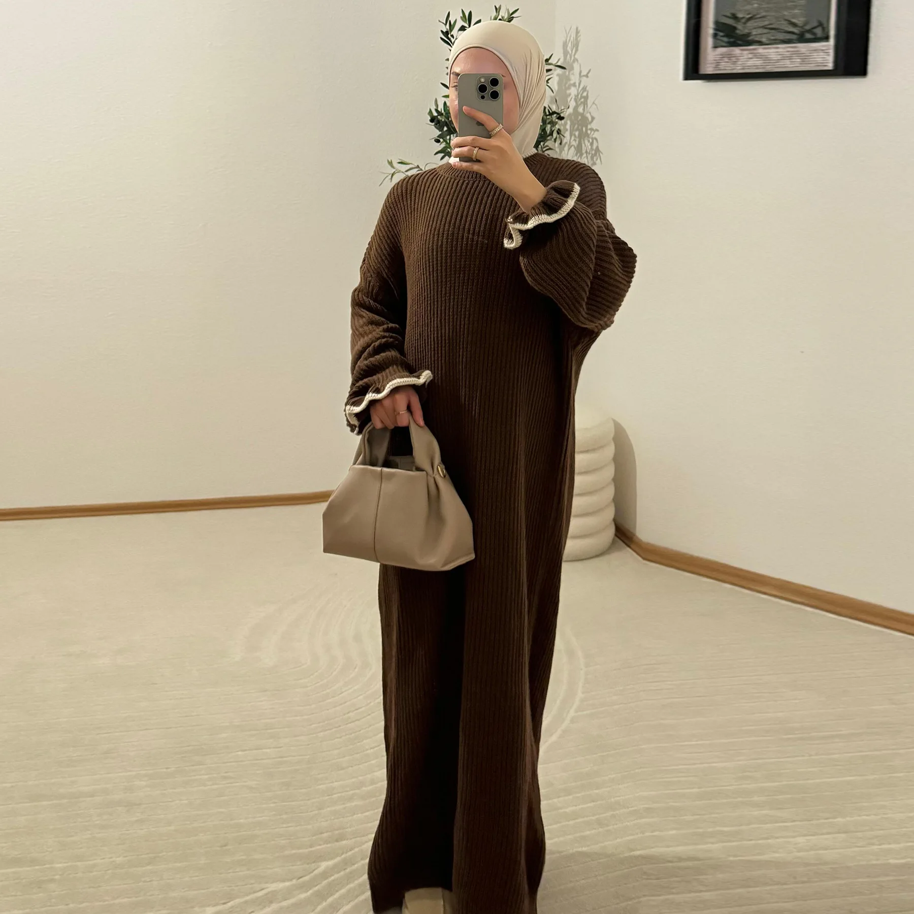 

Eid Winter Islamic Clothing Muslim Woman Abaya Dubai Luxury Imitation Cashmere Ruffled Sleeves Abayas Autumn Warm Arabic Dress
