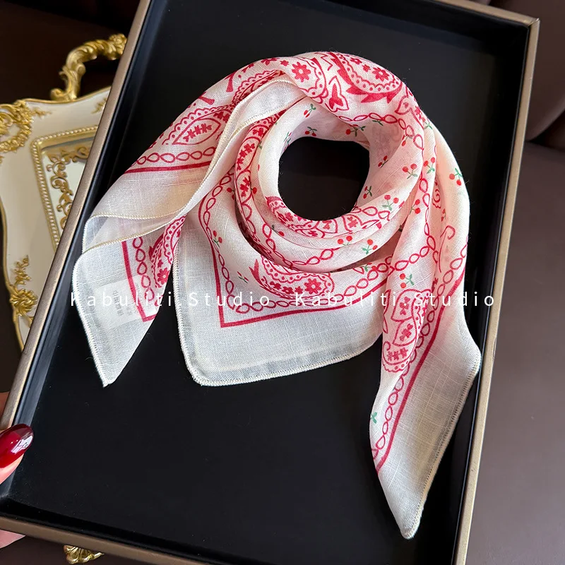 Linen Cotton Square Scarf for Women Korean Artistic Versatile Daily Use Soft Breathable Lightweight Headband Neck Scarf Premium