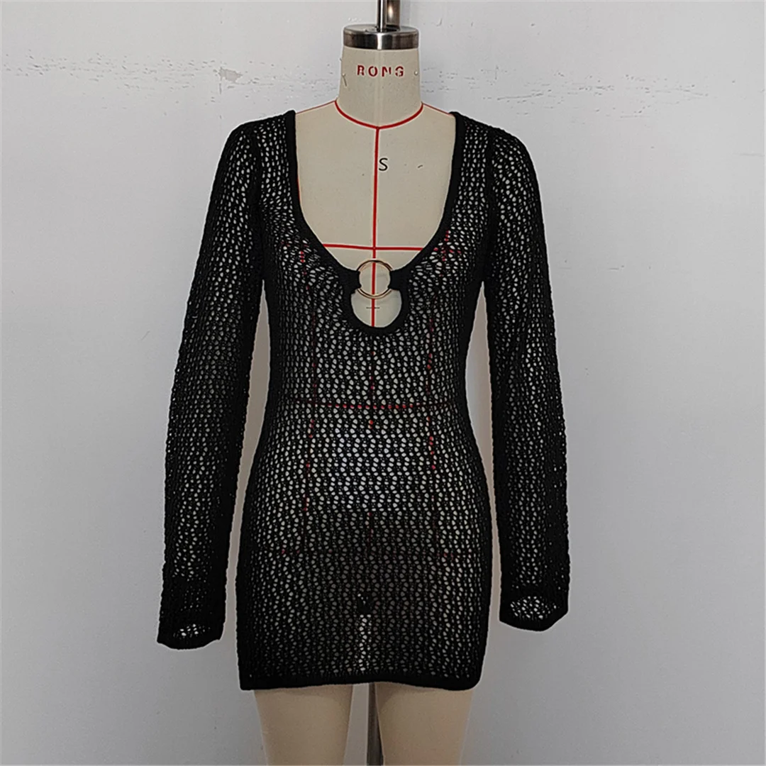 Langärmliges, ausgeschnittenes, gehäkeltes, gestricktes Tunika-Strandkleid, Strandkleidung, Strandbekleidung, Strand-Cover-up, Damen, V6552 – Detail 16