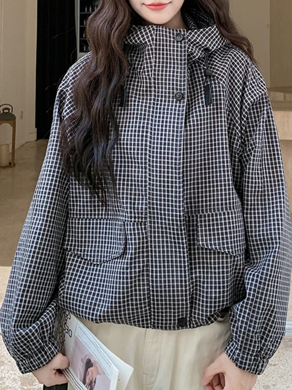 

Ladies Casual Hooded ort Coat Slim Fit Plaid Patterned Top Trendy Versatile Autumn New Arrival Ele Simple Sle