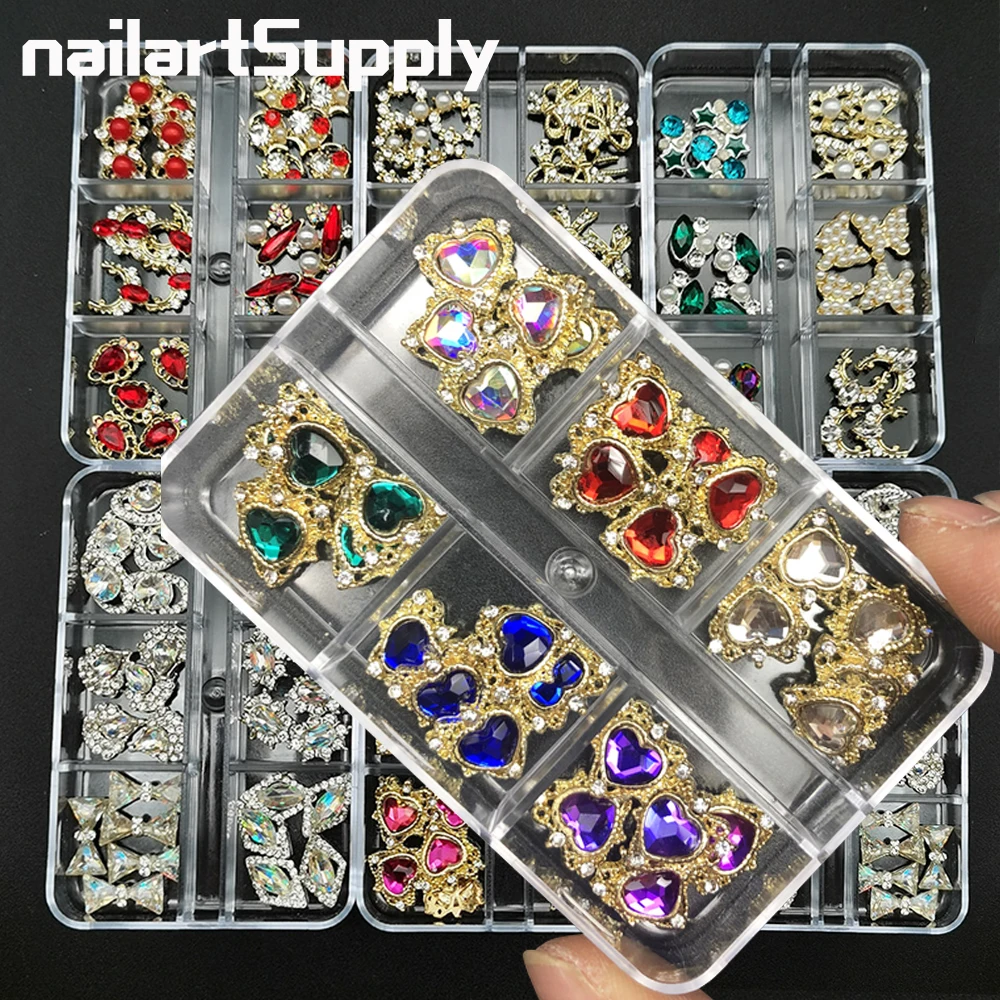 Zapakowane luksusowe błyszczące planety paznokci Charms stop Matal 3D Nail Art Rhinestone Bling mieszane style Strass diament Manicure dekoracji klejnot