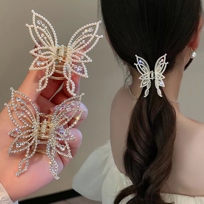 1Piece Butterfly Scrunchy Clip Hair Accessory Back Of The Head Plate Hair Clip Elegant Temperament Pearl Rhinestone Advanced Se