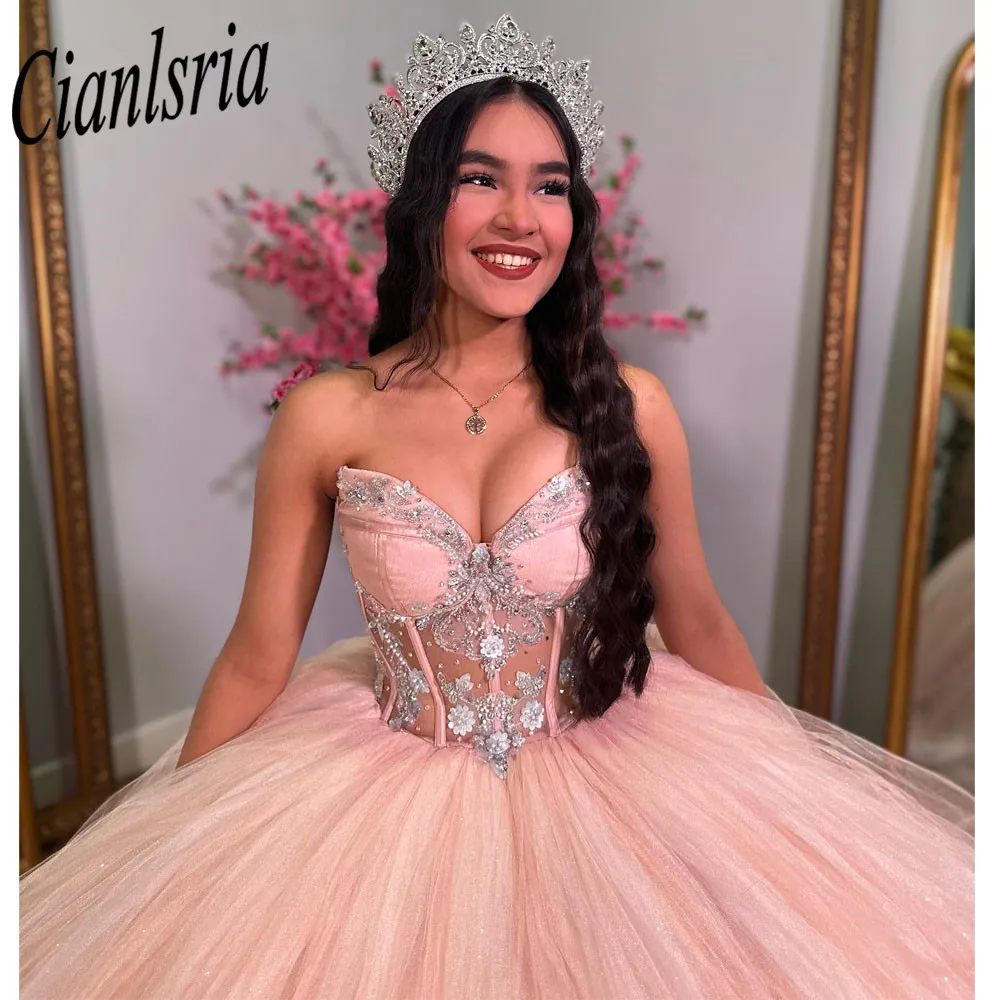 Pink Illusion Beading Crystal Quinceanera Vestidos, vestido de baile, sem alças, saia destacável, Sweet 15 Appliques