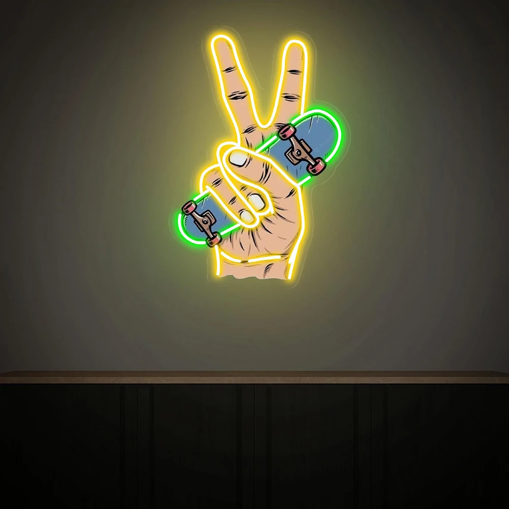 Yeah Hand Gesture Neon Signs Hand with Skateboard Neon Light Kids Room Sport Decor Custom Neon Sign Gifts for Skateboard Lovers