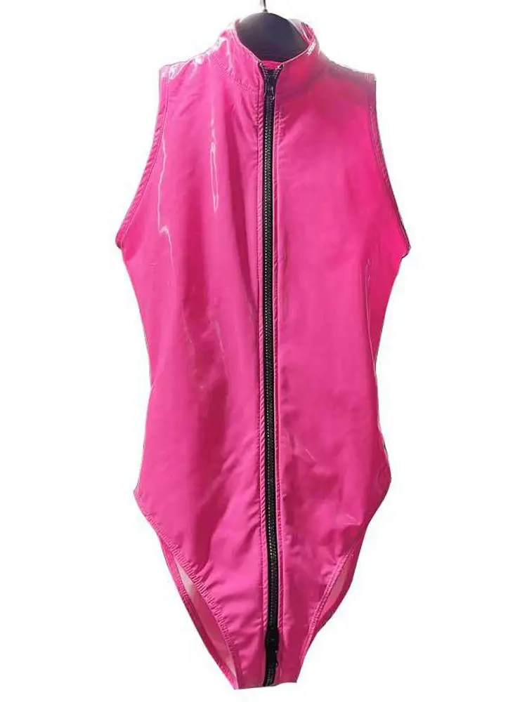 Sleeveless Wet Look PVC Catsuit Shiny PU Leather 2 Zipper Open Crotch Bodysuit Tights Cosplay Body Teddies Sexy Leotard Swimsuit