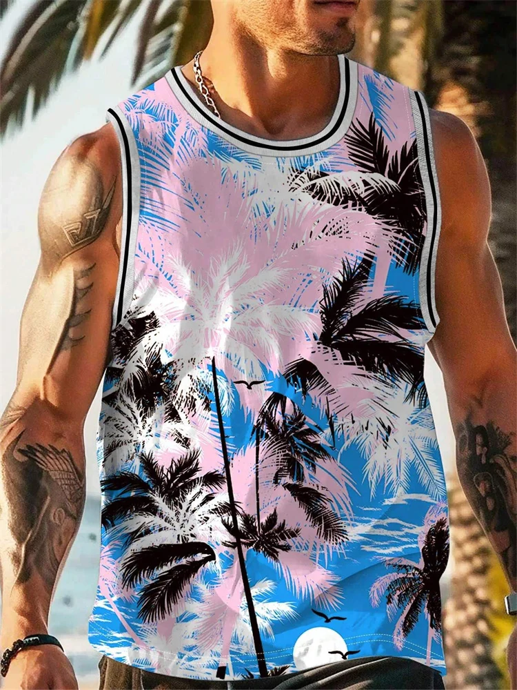 2024 New Men's Hawaiian Sleeveless Vest Summer Beach Lifeguard Casual Wear Men's Crew Neck Outdoor Sports T-Shirt Top XXS-4XL