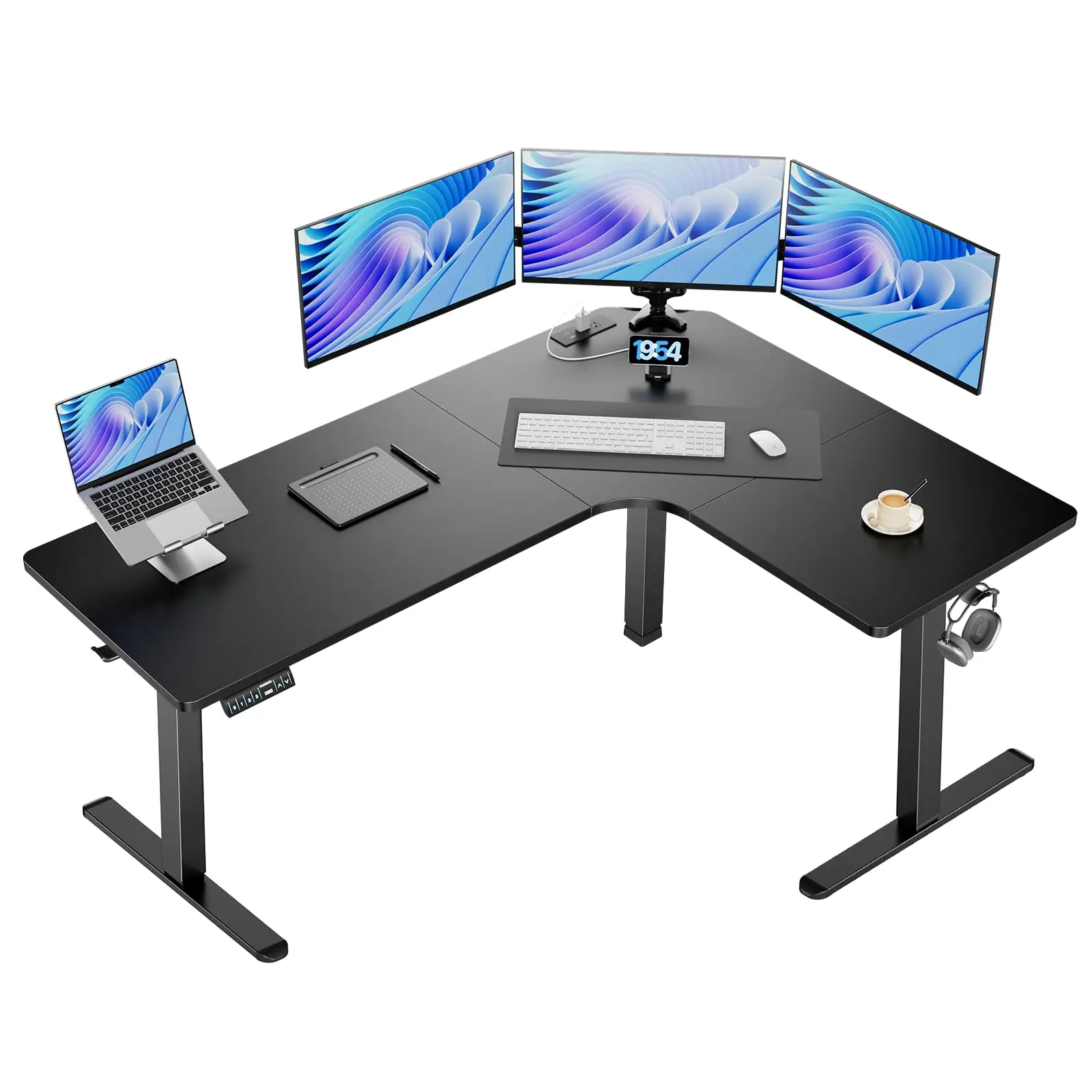 63″ L-Shaped Standing Desk, Built-in Power Outlets, Black | 3 Memory Presets, Sturdy Steel Frame, 220 lbs Capacity