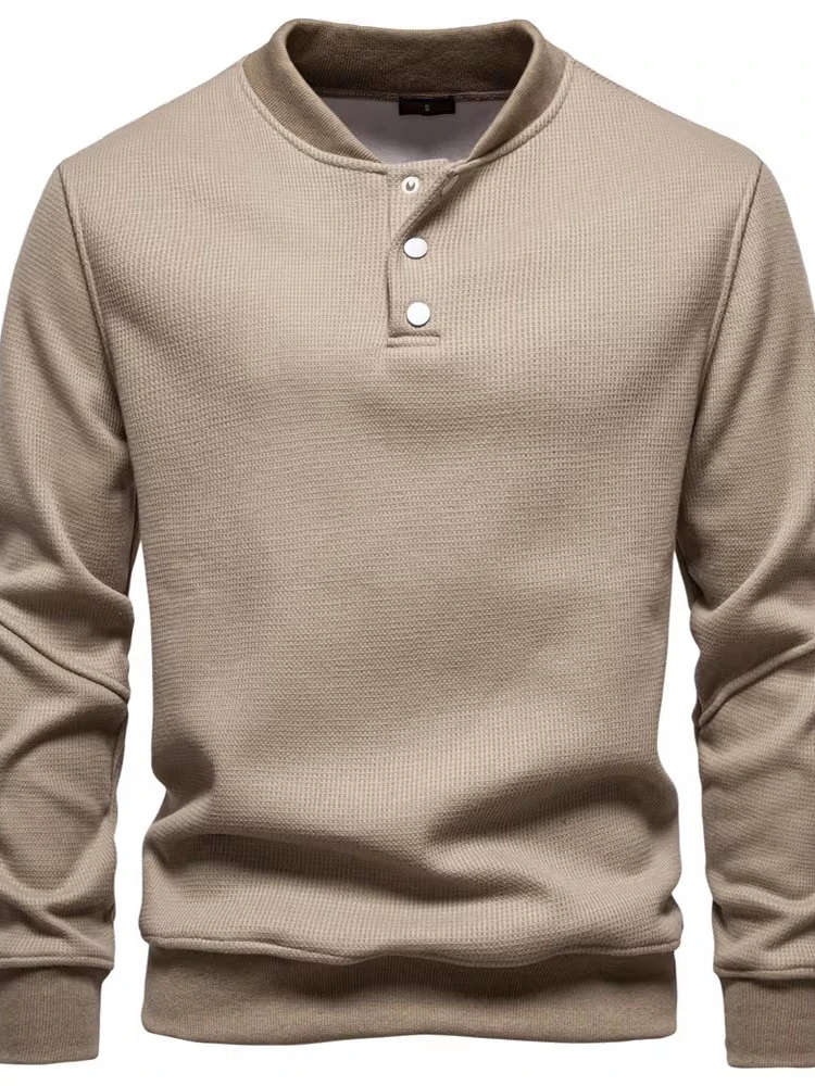 

Мужская толстовка с воротником-хенли в стиле ретро, однотонная, универсальная, модная, городская, с длинными рукавами