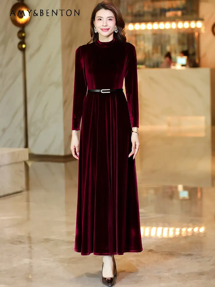 Herfst Winter Woon-werkstijl Afslankende bordeauxrode fluwelen lange jurk Feestdatum Lange mouw Ronde hals Marineblauwe taillejurk