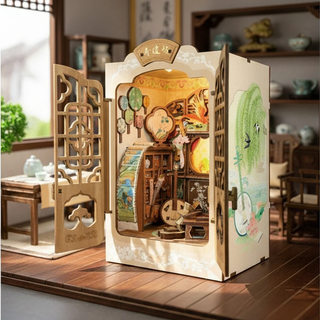 مجموعة OUZEY 3D Wooden Book Nook DIY - مشهد مصغر مع تماثيل ودفاتر، هدية ديكور مصنوعة يدويًا
