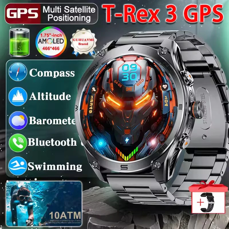 

New GUHUAVMI 1.75''AMOLED Screen Smart Watch Men 10ATM Waterproof Compass GPS Smartwatch 950mAh Large Battery Sports Bracelet