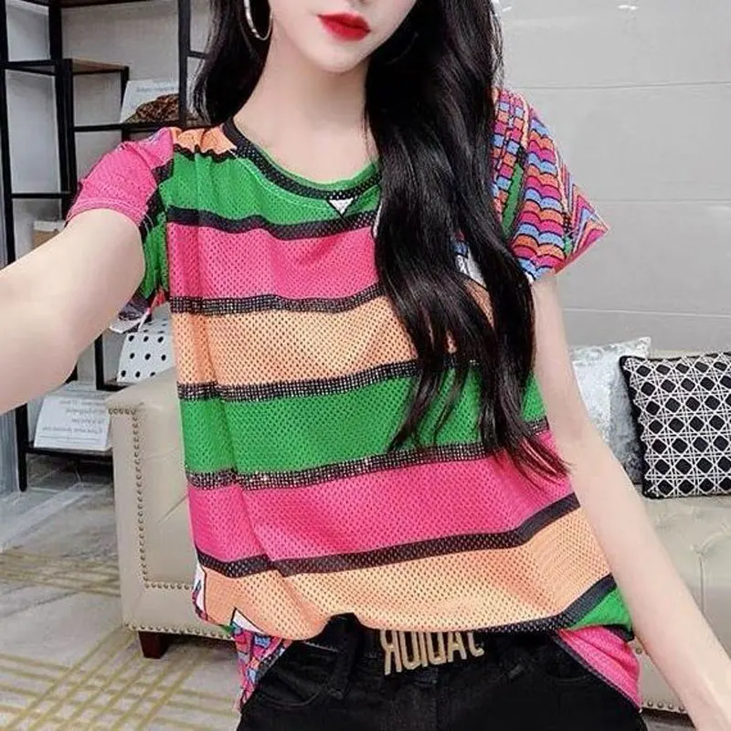 Vintage Contrasting Colors Striped Spliced T-shirt Women\'s Clothing Letter Printed Summer New Short Sleeve O-Neck Slim Pullovers