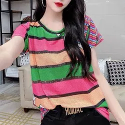 Vintage Contrasting Colors Striped Spliced T-shirt Women's Clothing Letter Printed Summer New Short Sleeve O-Neck Slim Pullovers