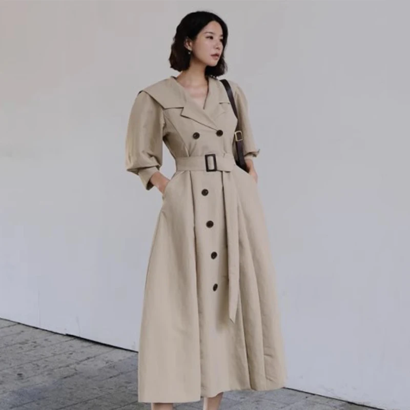 Nomikuma Korean Chic Autumn Retro Navy Collar Double Breasted Straps Slim Waist Long Trench Jacket for Women