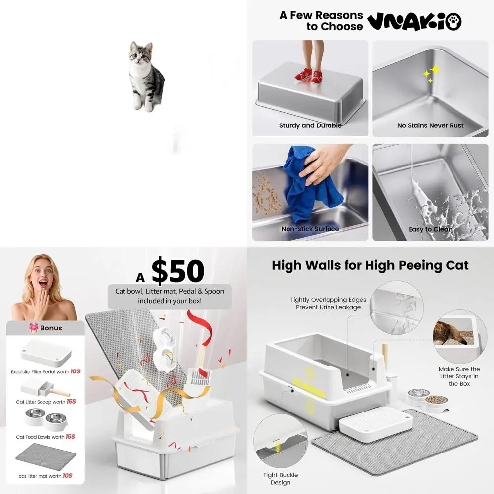 

Extra Large Enclosed Metal Cat Litter Box with Lid for Large Cats - High-Sided, Leak-Proof, Easy to Clean, Non-Stick, Includes L