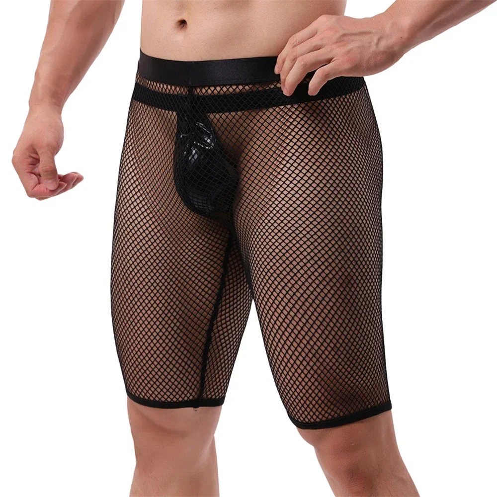 

Мужские сетчатые прозрачные плавки, ажурные шорты-боксеры, дышащие трусы, сексуальное мужское нижнее белье с стрингами из искусственной кожи