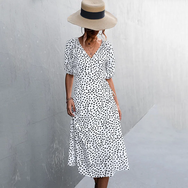 Casual Women Chiffon Dress V Neck Side Wrap Midi Dress Summer Polka Dot Dress Female Puff Sleeve Boho Fashion A-line Split Dress