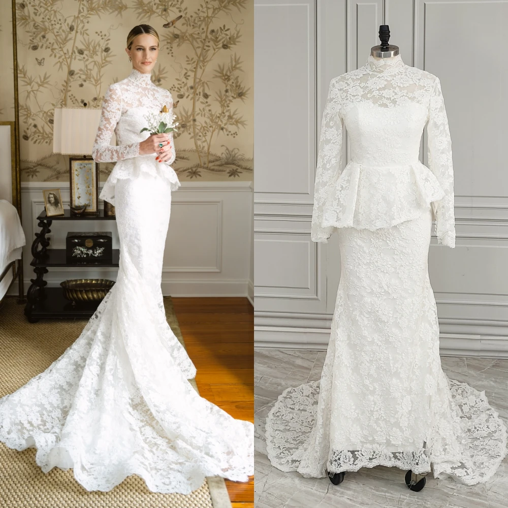 20059# Real Photos Vintage Long Sleeves Customized Lace Mermaid Wedding Dress For 2024 Women Customized High Neck Bridal Gown