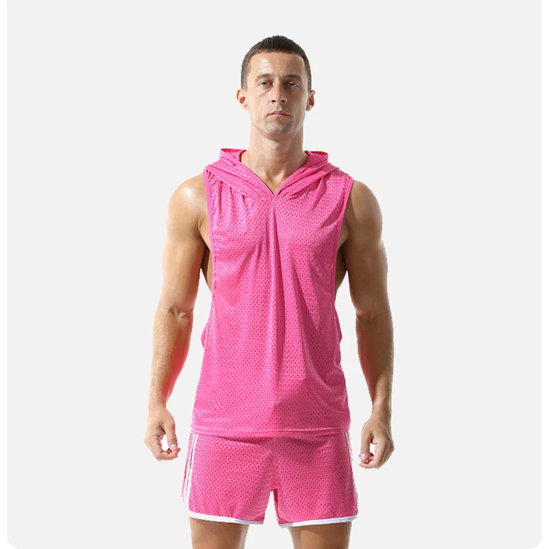 

Men's Running Tank Tops Solid Mesh Hooded Sleeveless Shirts V-neck Cut-outs Breathable Sports Vest Thin Loose Comfort Singlets