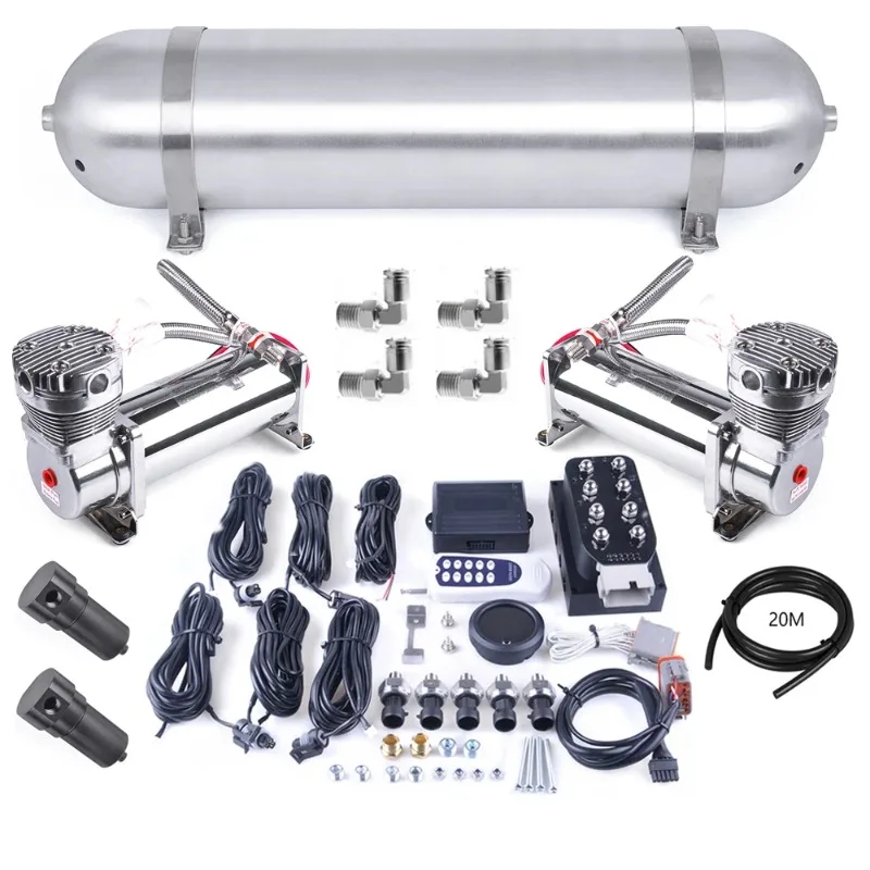 Universal 12V Air Ride Suspension Kit Solenoid Valve Block 200PSI Compressor 5 Gallon Tank Air Pressure Gauge