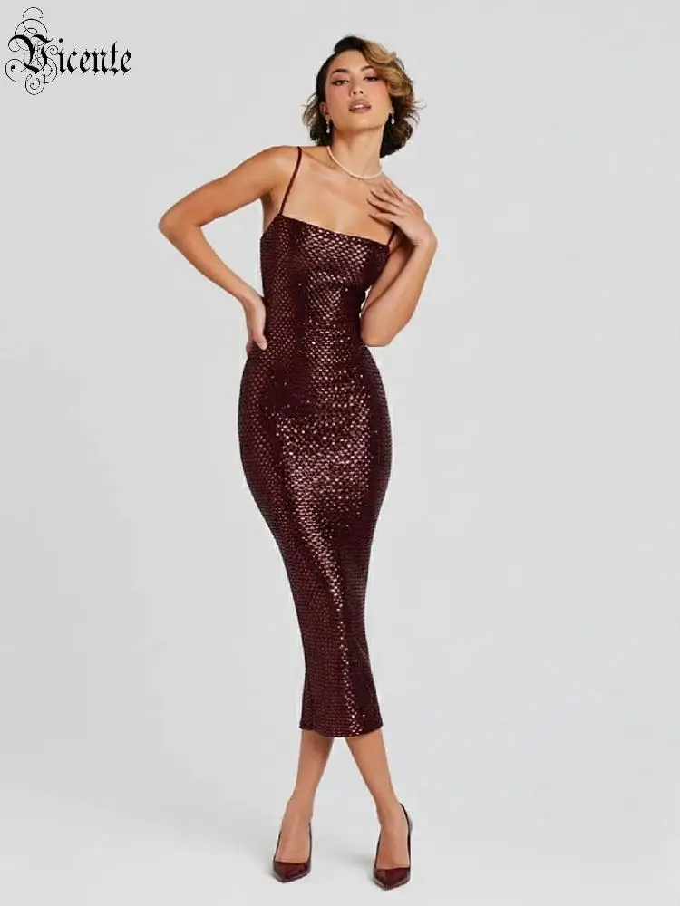 Sukienka maxi VC Women w kolorze burgundowym z cekinami – seksowna sukienka wieczorowa na ramiączkach spaghetti, dopasowana, czerwona sukienka bodycon na koktajl i imprezy, vestidos