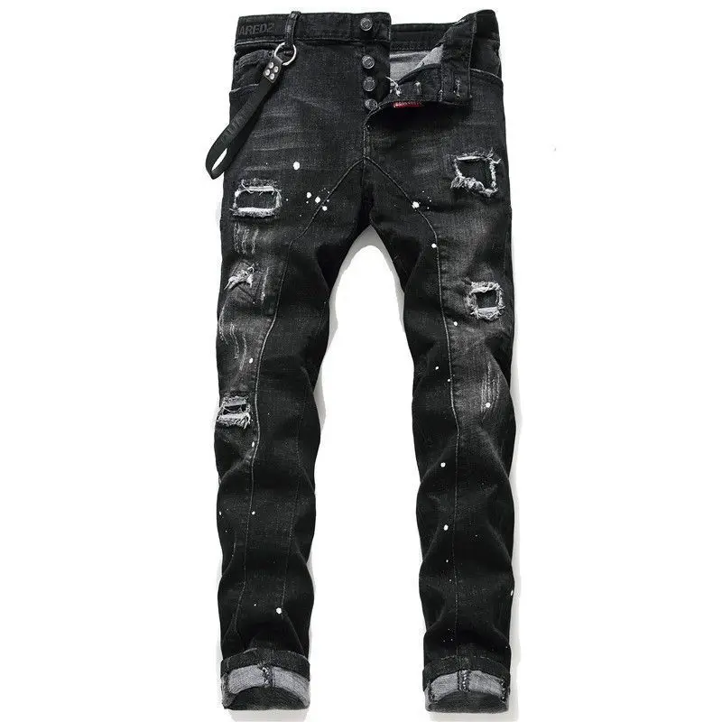 Men's Single-breasted Holes Slim Jeans Street Retro Cool Boys Casual Bottoms Male Chic High Waisted Skinny Denim Pants