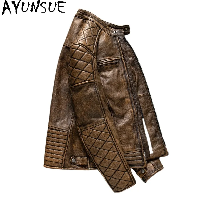 AYUNSUE Vintage Distressed 100% Genuine Leather Jacket Men Slim Fit Stand Collar Top Layer Cowhide Motorcycle Biker Riding Coats