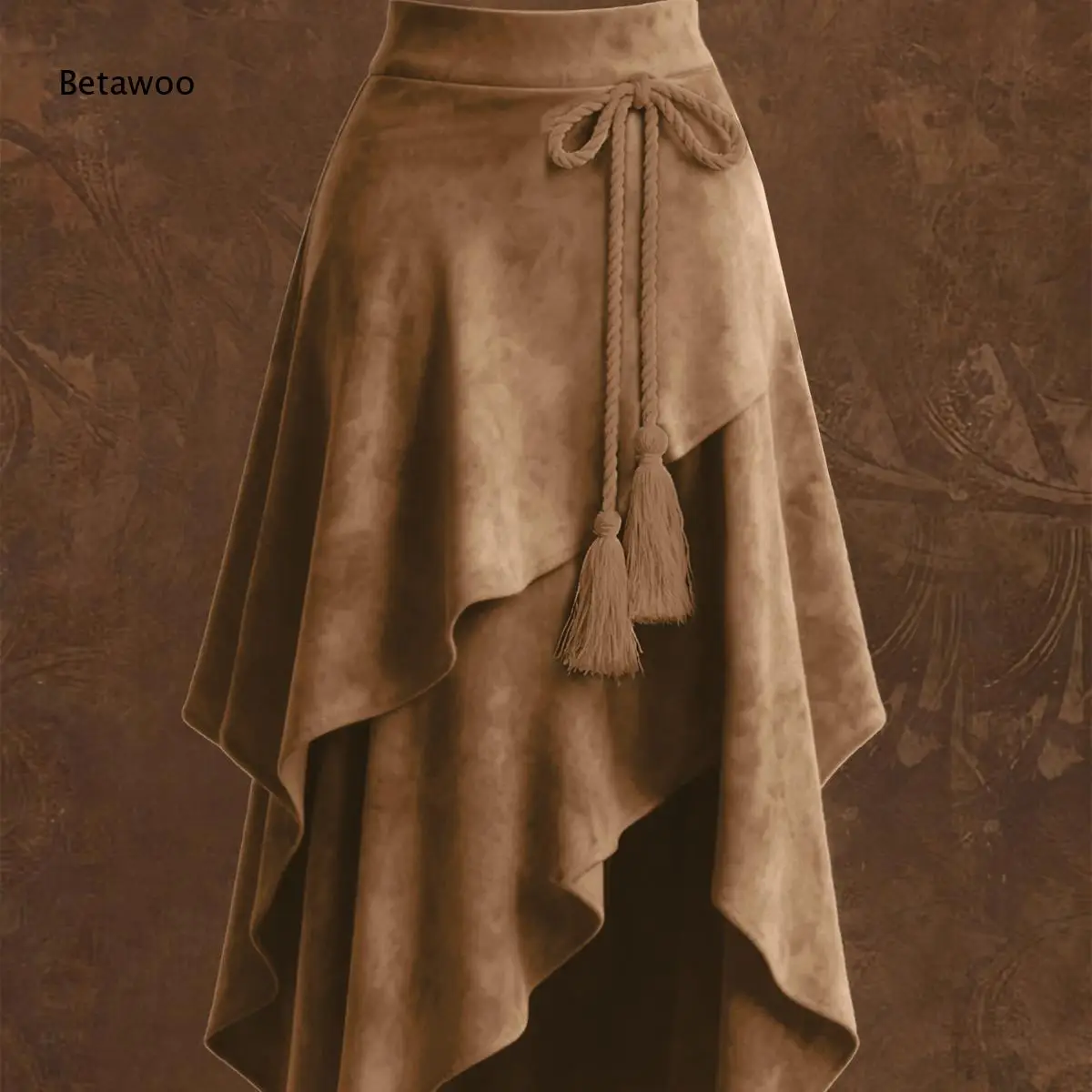Retro Cowgirl Style Faux Suede Lace-Up Wrap Skirt Ladies High Waist Slant Cut Asymmetrical Cascading Hem Streetwear Skirt