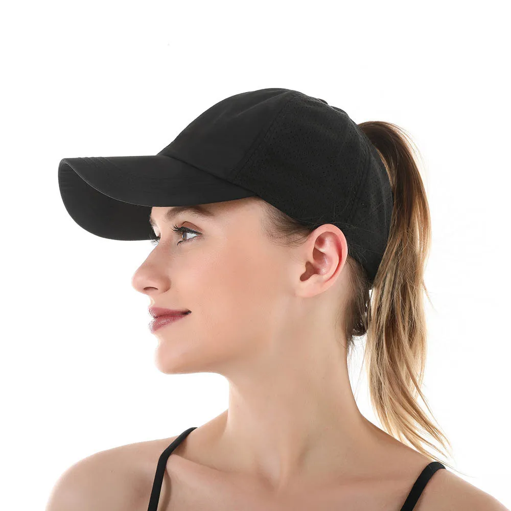 Gorra de béisbol de secado rápido de color sólido de verano para mujer, sombrero para el sol de malla con cola de caballo cruzada informal para deportes al aire libre